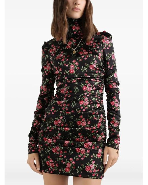 Dolce & Gabbana Black Small Rose Bouquets-Printed Mini Satin Dress