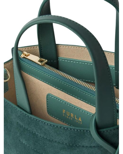 Furla Green Leather Suede-Panel Tote Bag