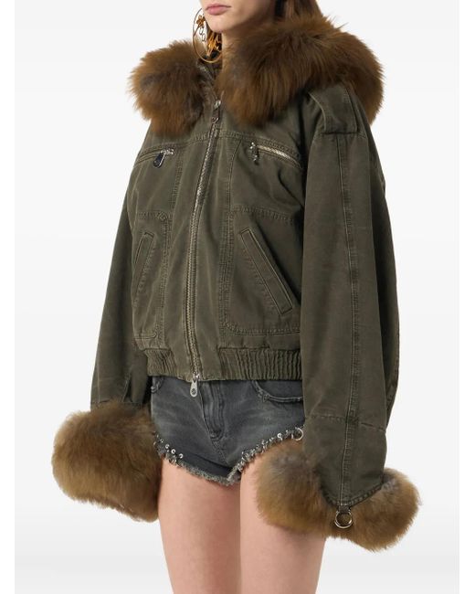 Blumarine Green Fur-trimmed Bomber Jacket