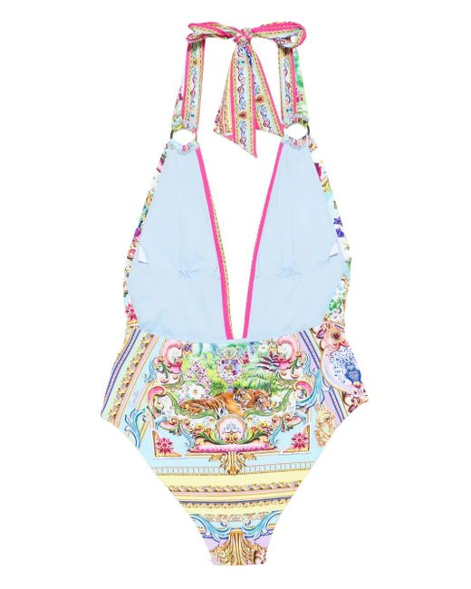 Camilla White Halter-Neck Print Swimsuit