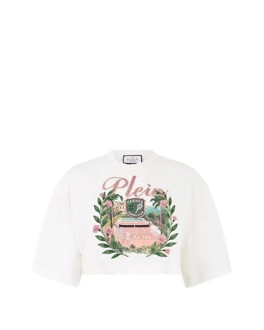 Philipp Plein White Rhinestones Cropped T-Shirt