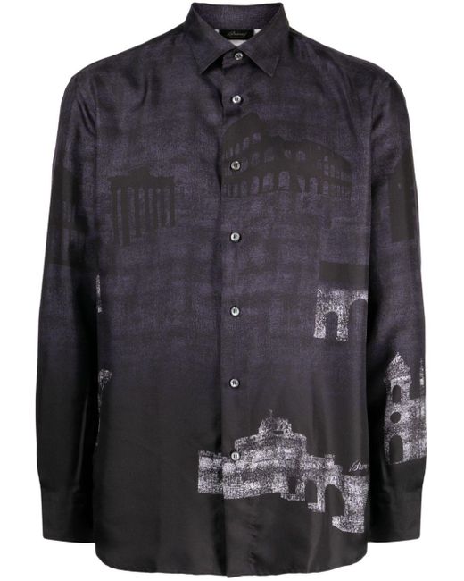 Brioni Seidenhemd mit grafischem Print in Black für Herren