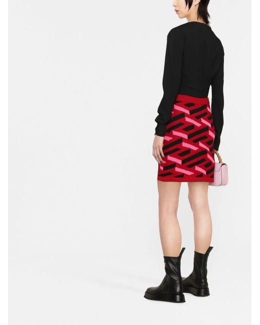 Versace Red Geometric Intarsia Knitted Skirt