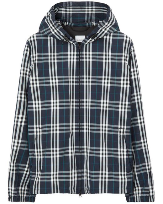 Burberry Blue Checked Zip-up Hooded Jacket for men