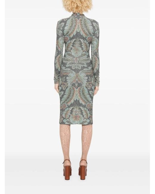 Etro Gray High-Neck Floral-Pattern Dress