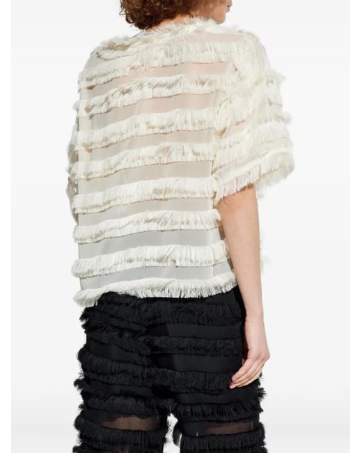 Munthe White Fringe-Trimmed Sheer T-Shirt