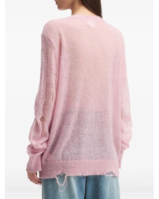 B+ AB Pink Distressed-Details Crew-Neck Sweater