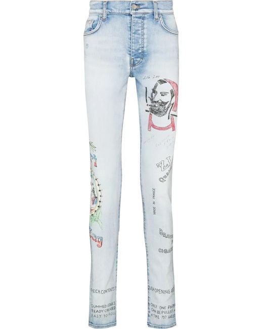 Amiri Blue X Zig Zag Motif-Print Skinny Jeans for men