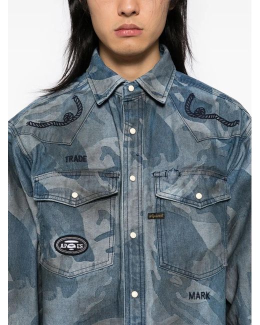 Aape By A Bathing Ape Blue Moonface Jacquard Camo Denim Shirt for men