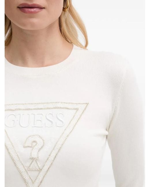 Guess White Logo-Embellished Long-Sleeve Sweater