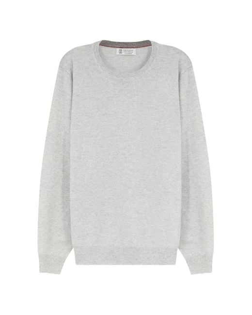 Brunello Cucinelli White Crew-Neck Ribbed-Trim Sweater for men