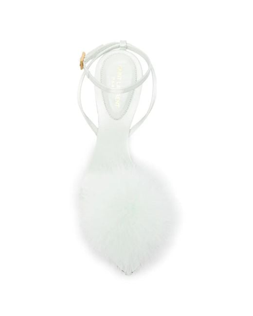 Saint Laurent White Feather-Trim Buckle-Fastening Heeled Sandals