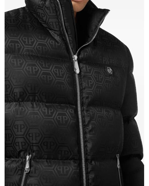 Philipp Plein Black Short Nylon Puffer Jacket Monogram for men