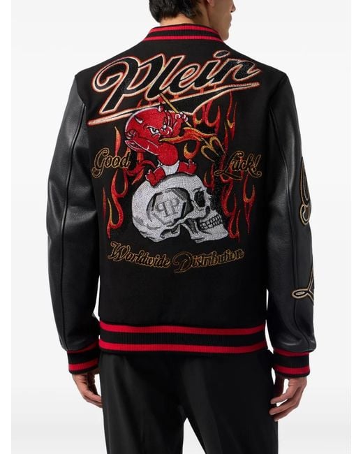 Philipp Plein Black Leather-Sleeve Skull-Detail Bomber Jacket for men