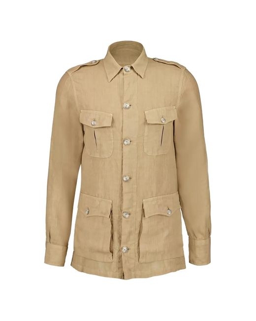 120% Lino Natural Button Multiple Pocket Jacket for men
