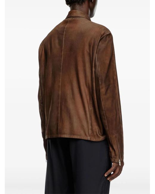 DIESEL Brown L-Crombe Zip-Up Leather Jacket for men