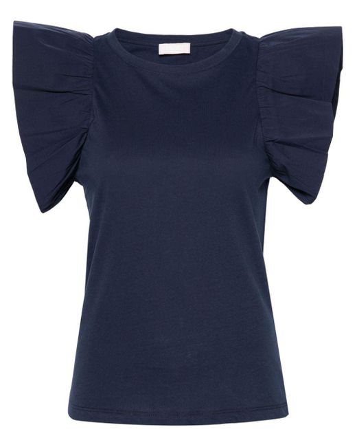 Liu Jo Blue Ruffle-sleeve Cotton T-shirt