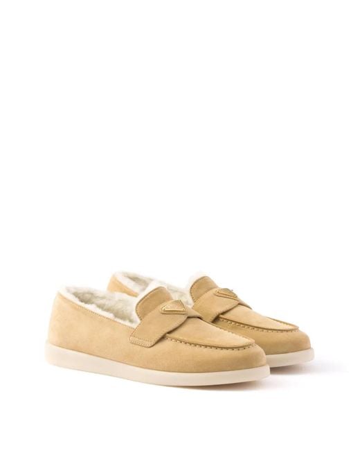 Prada Natural Suede-Shearling Triangle Loafers
