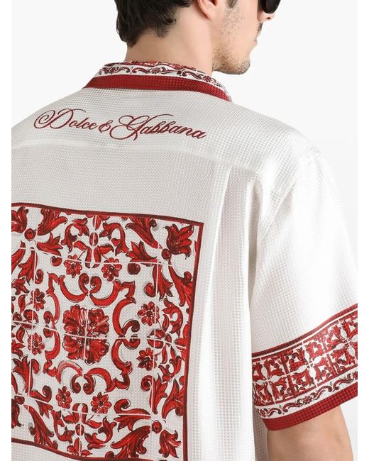 Dolce & Gabbana White Majolica-Print Bright Jacquard Hawaii Shirt for men