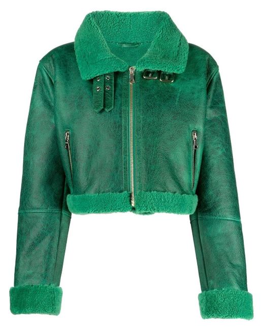 Arma Green Shearling-detail Cropped Leather Jacket
