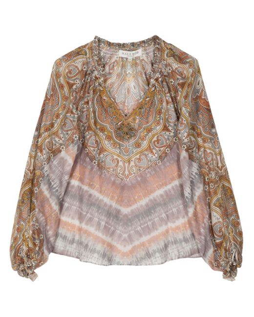 Hale Bob Natural Graphic-print Embroidered-detail Blouse