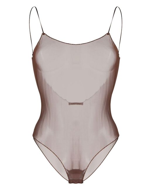 Oseree Brown Tulle-mesh Sheer Bodysuit
