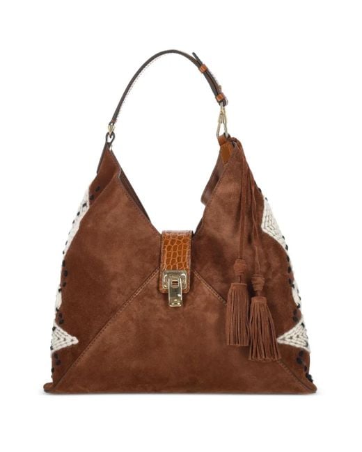 Ermanno Scervino Brown Suede Knitted-Detail Shoulder Bag