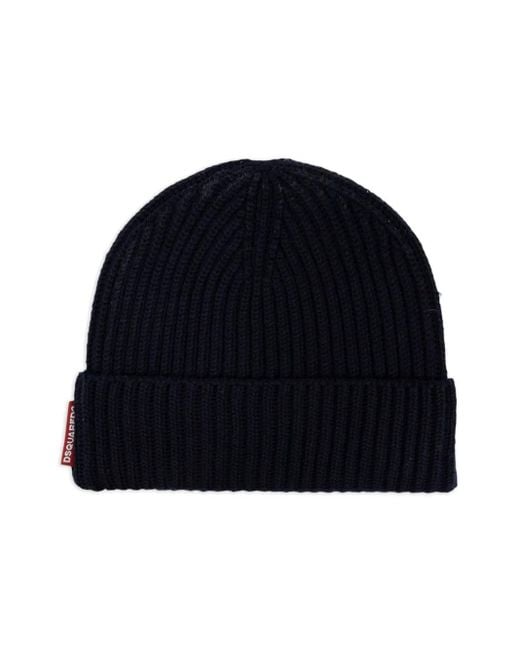 DSquared² Blue Ribbed-Knit Logo-Plate Scarf And Hat Set for men