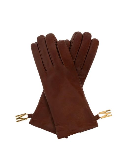 Moschino Brown Logo-Detail Leather Gloves