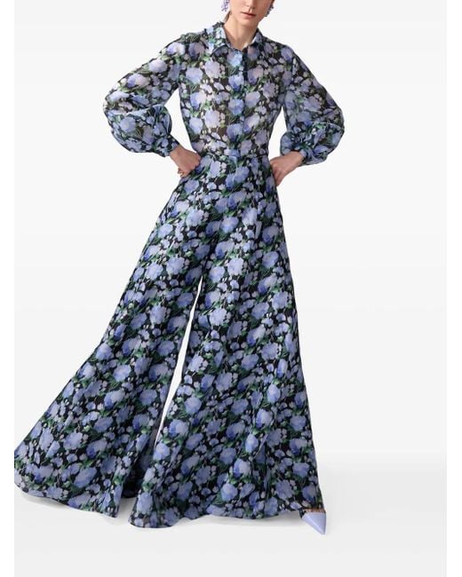 Pantaloni A Palazzo Con Stampa di Carolina Herrera in Blue