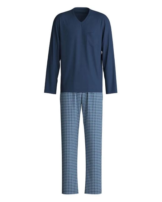 Calida Blue V-Neck Patterned Pyjamas for men