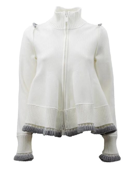 Sacai Gray High-Neck Ruffled-Hem Cardigan