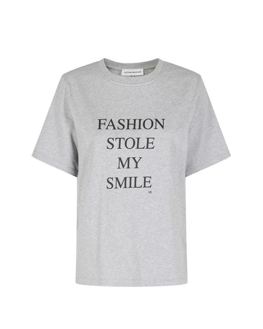Victoria Beckham Gray Slogan Tee Fashion Stole My Smile Organic Cotton T-Shirt