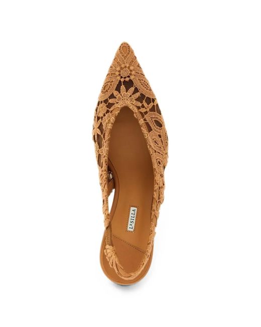 Le Silla Brown Clivage Lace-Embellished Slingback Pumps