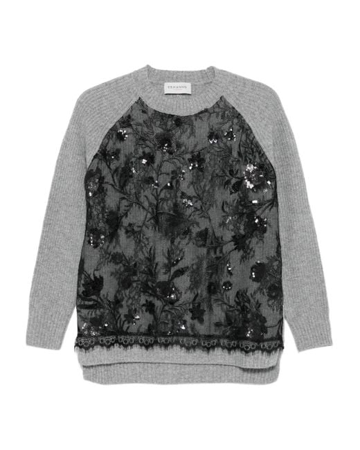 ERMANNO FIRENZE Gray Sequin-Embellished Lace-Panel Sweater