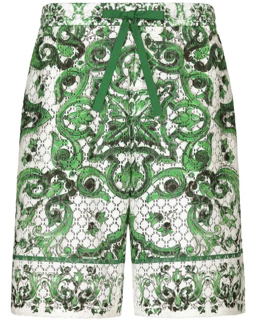 Dolce & Gabbana Majolica-Print Crochet-Knit Shorts in Green