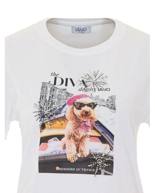 Liu Jo White Graphic-Print Rhinestone-Embellished T-Shirt
