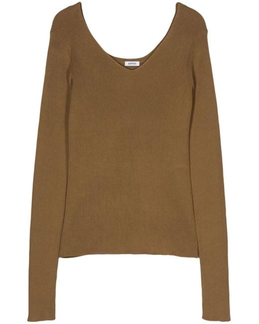 Aspesi Brown V-Neck Ribbed-Knit Jumper