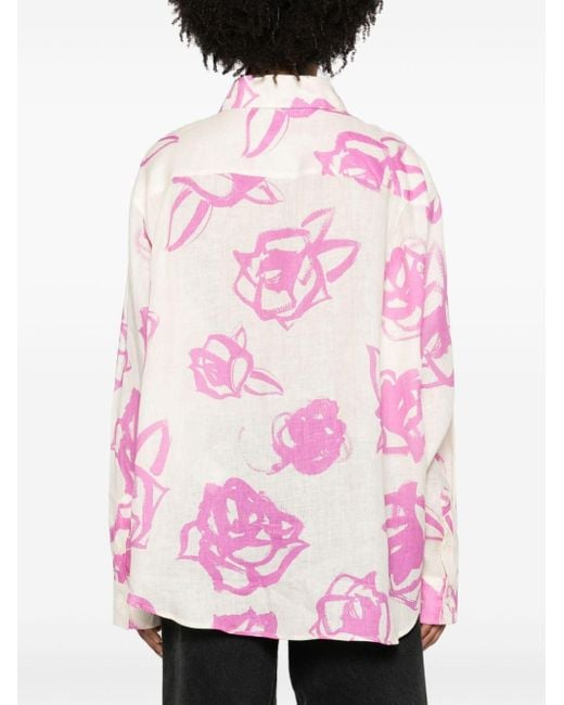 MSGM Pink Floral Linen Chambray Shirt