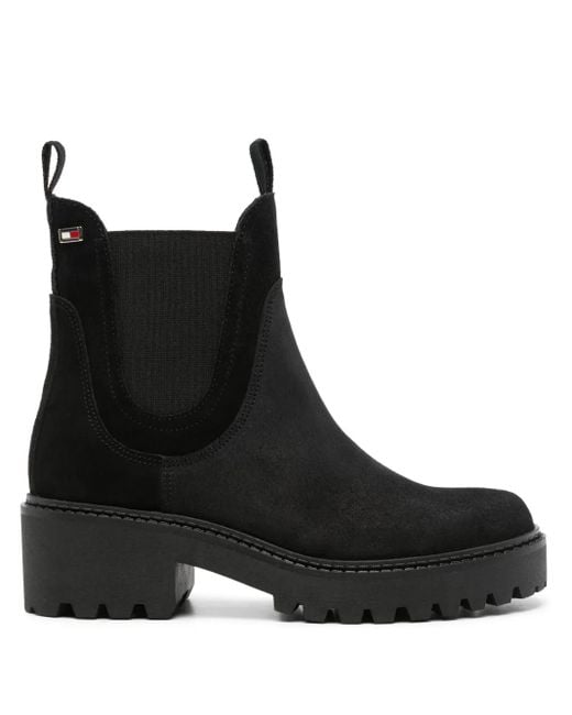 Tommy Hilfiger Black Logo-Plaque Suede Boots