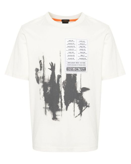 Boss White Patchwork Printed Cotton T-shirt for men