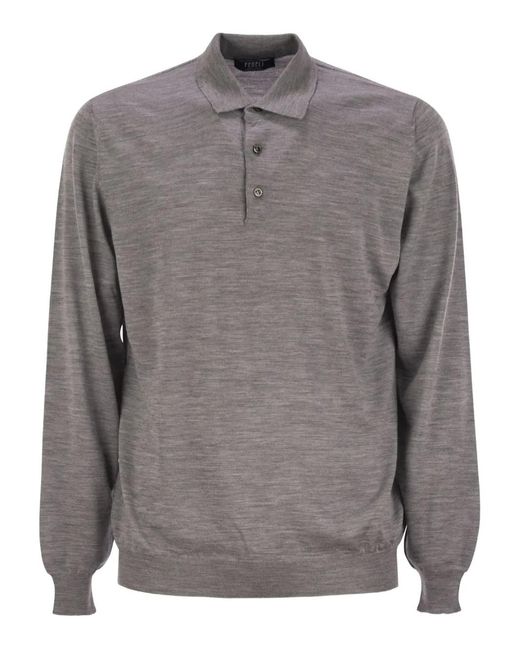Fedeli Gray Three-Button Virgin-Wool Polo Shirt for men
