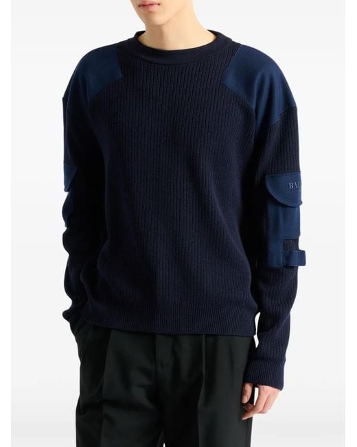 Balmain Blue Wool Vintage Utility Jumper for men