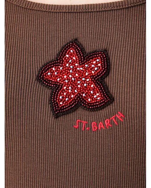 Mc2 Saint Barth Red Zaira Beaded-Starfish-Patch Ribbed Top