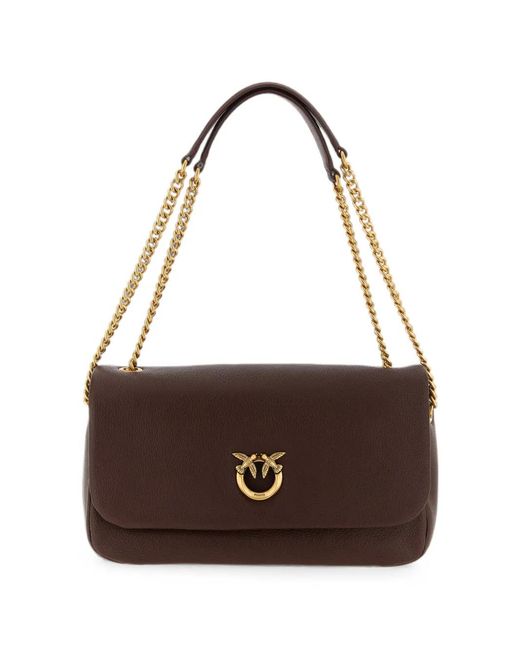 Pinko Brown Love Birds Hammered Leather Shoulder Bag