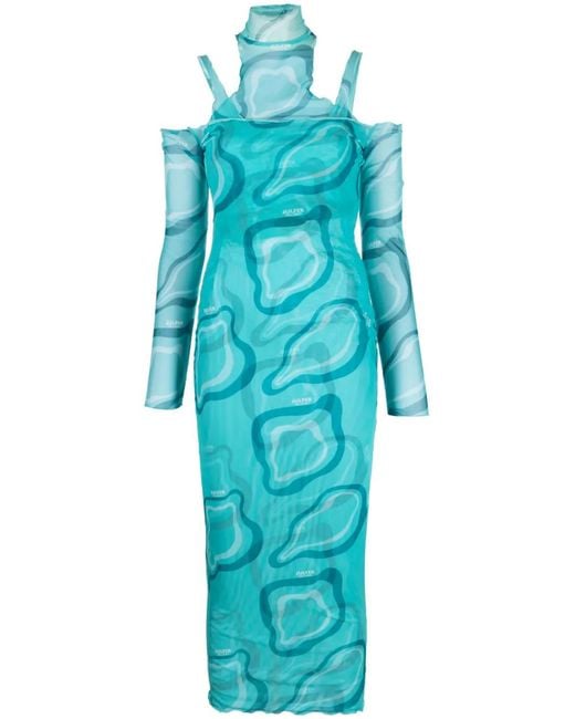 Julfer Blue Graphic-Print Semi-Sheer Layered Dress