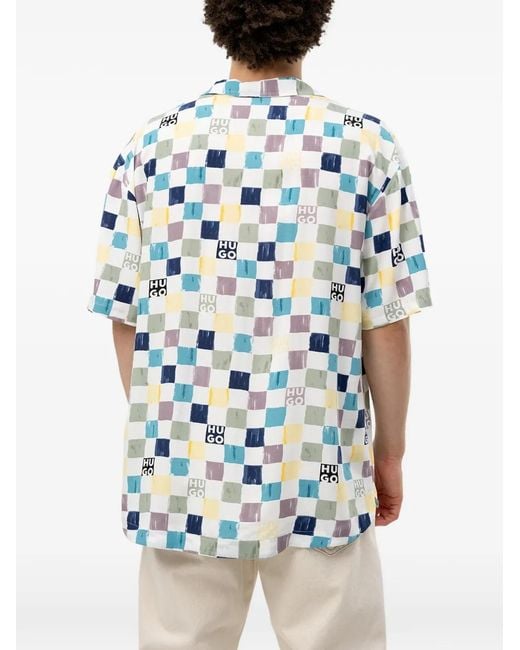 HUGO Blue Check-Print Logo-Print Short Sleeved Shirt for men