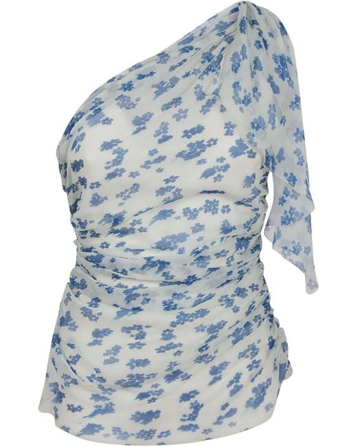 Victoria Beckham Blue One-Shoulder Silk Top With Gathered Detailing
