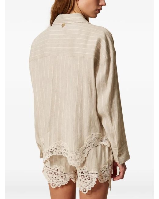 Twinset Natural Linen Blend Jacquard Shirt With Lace