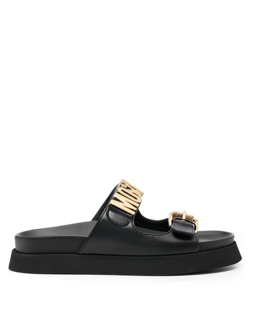 Moschino Leather Logo-detail Open-toe Slides in Black | Lyst